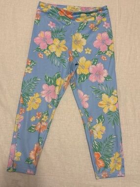 Ralph Lauren Powder Blue Smooth Spandex Active Leggings w/Pastel Tropical Print